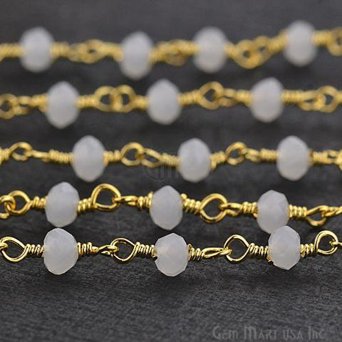 White Chalcedony 3-3.5mm Gold Plated Beaded Wire Wrapped Rosary Chain (764059320367)