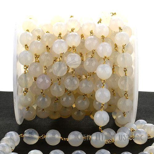 White Chalcedony 9-10mm Beads Gold Wire Wrapped Rosary Chain (764059910191)