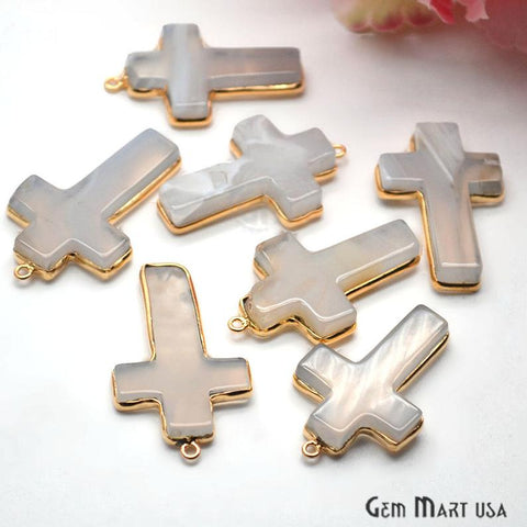 White Chalcedony Cross Pendant, Gold Plated Gemstone Necklace Chain Pendant - GemMartUSA