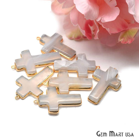 White Chalcedony Cross Pendant, Gold Plated Gemstone Necklace Chain Pendant - GemMartUSA
