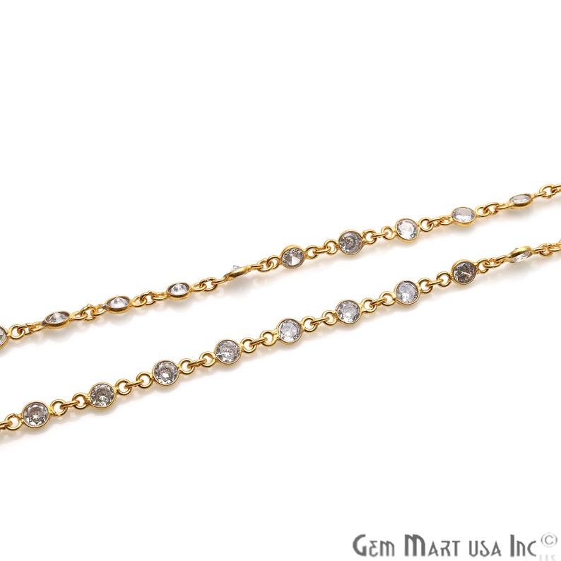 White Zircon 4mm Round Gold Bezel Continuous Connector Chain - GemMartUSA (764388540463)