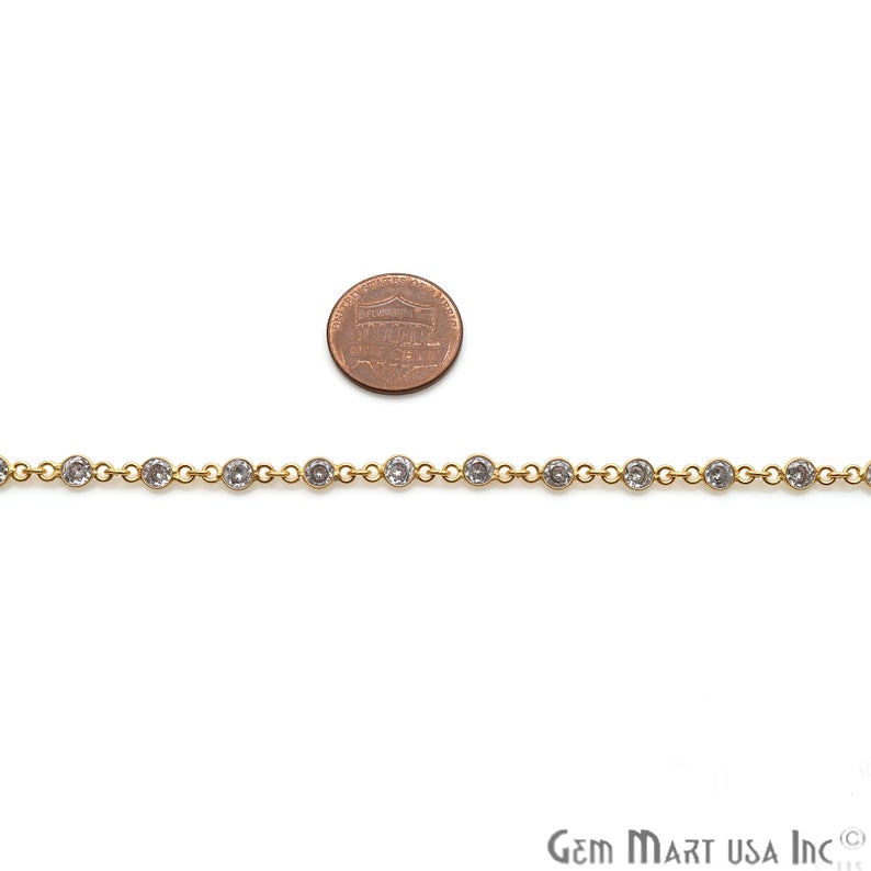 White Zircon 4mm Round Gold Bezel Continuous Connector Chain - GemMartUSA (764388540463)