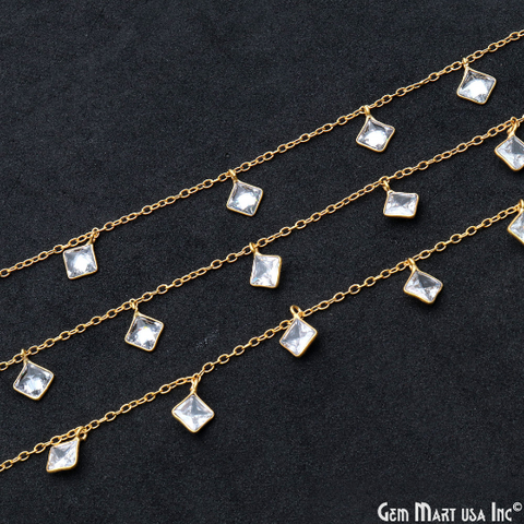 White Zircon Bezel Faceted Gold Plated Dangle Rosary Chain