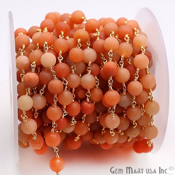 Yellow Agate Frosted Gold Plated Wire Wrap Round Bead Jewelry Making Rosary Chain - GemMartUSA