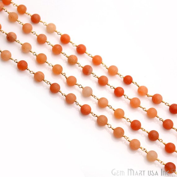 Yellow Agate Frosted Gold Plated Wire Wrap Round Bead Jewelry Making Rosary Chain - GemMartUSA