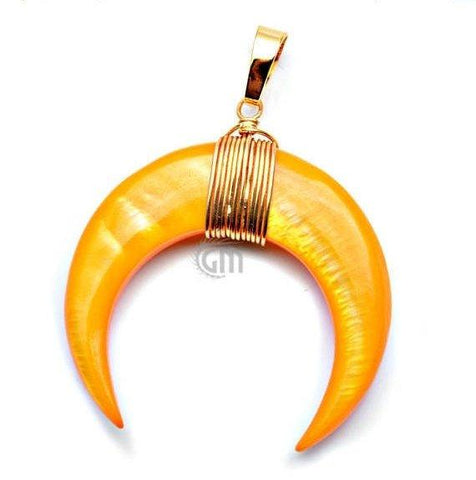 Gemstone Shell Horn Pendant, 32x34mm Gold Plated Wire Wrapped Double Horn Gemstone Crescent Moon Pendant(50026) - GemMartUSA