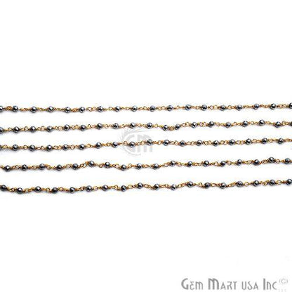 Gray Pyrite Tiny Smooth Round Beads Gold Wire Wrapped Rosary Chain