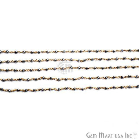 Gray Pyrite Tiny Smooth Round Beads Gold Wire Wrapped Rosary Chain