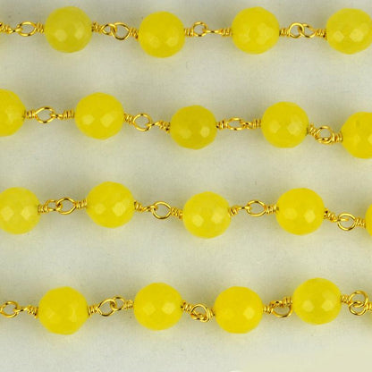 Yellow Jade Faceted Beads 8mm Gold Plated Wire Wrapped Rosary Chain - GemMartUSA