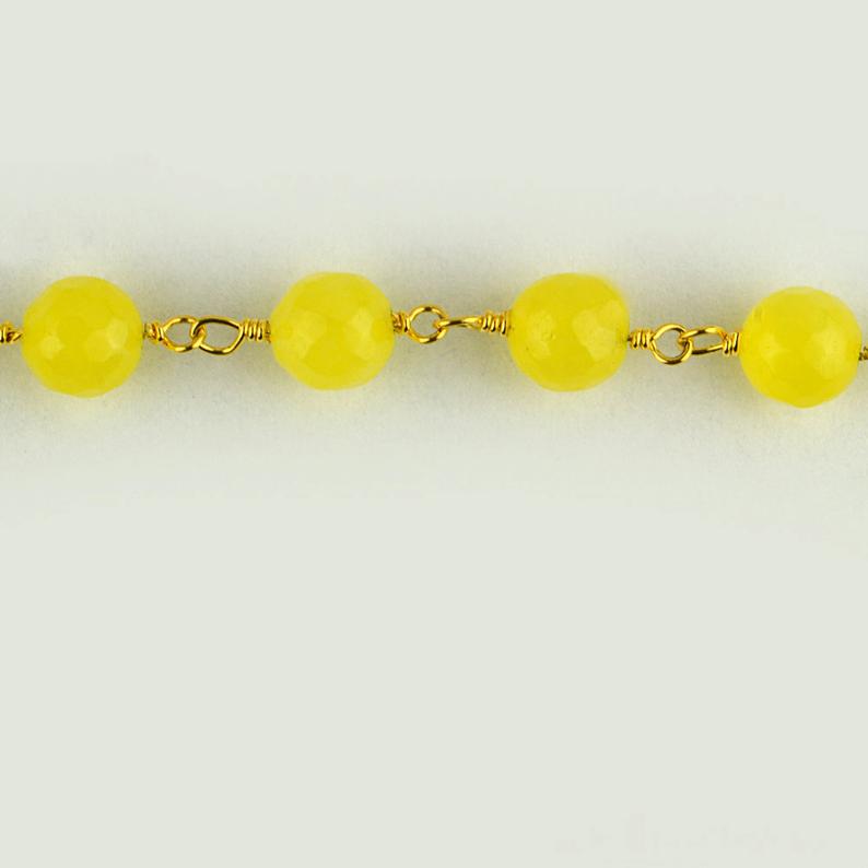 Yellow Jade Faceted Beads 8mm Gold Plated Wire Wrapped Rosary Chain - GemMartUSA