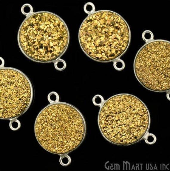 Natural Titanium Silver Druzy 12mm Round Double Bail Bezel Gemstone Connector