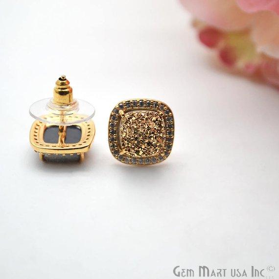 Square Shape 8mm Gold Plated Cubic Zircon Druzy Stud Earrings (Pick your Gemstone) (90032-1) - GemMartUSA