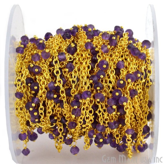 Natural Amethyst Dangle Bead Gold Plated Cluster Rosary Chain - GemMartUSA