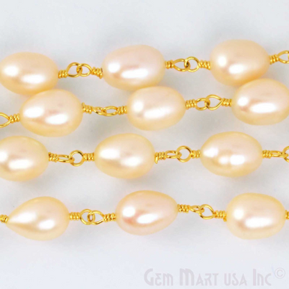 Pink Pearl 6-8mm Oval Shape Gold Wire Wrapped Rosary Chain