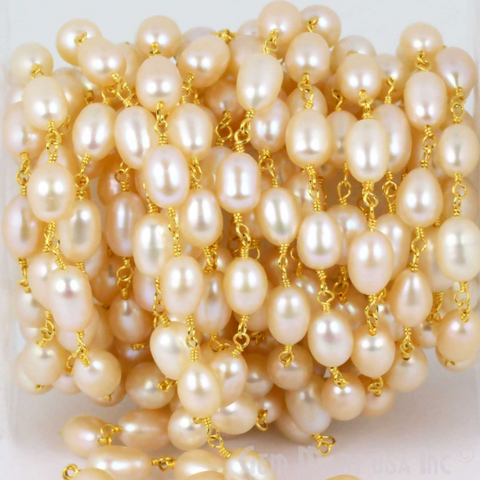 Pink Pearl 6-8mm Oval Shape Gold Wire Wrapped Rosary Chain