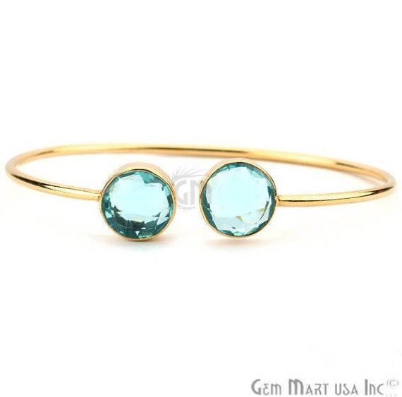 Double Gemstone 12mm Round Shape Gold Adjustable Bangle Bracelet (Choose Gemstone) - GemMartUSA