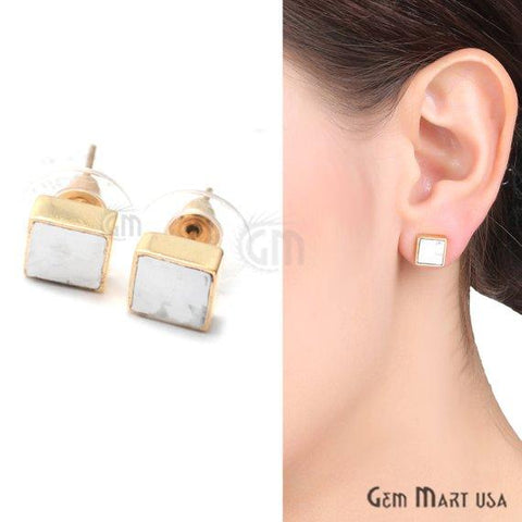 Square Shape Studs, 8mm Gold Plated Gemstone Studs Earring 1pc Choose Your Gemstone (90022-1) - GemMartUSA