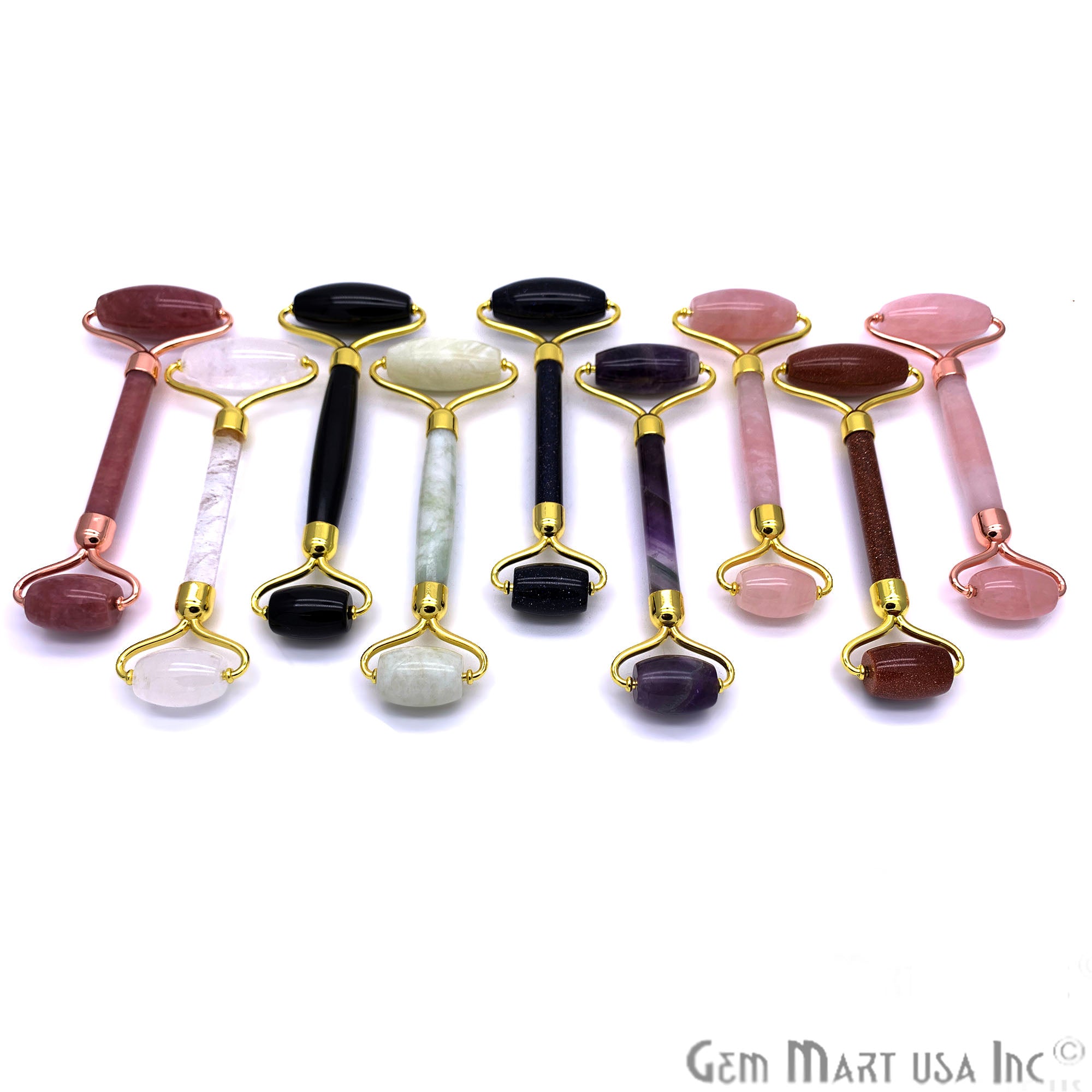 Gemstone Gold Plated Face Roller With Two Healing Stones, Skin care (Pick Stone & Plating) - GemMartUSA