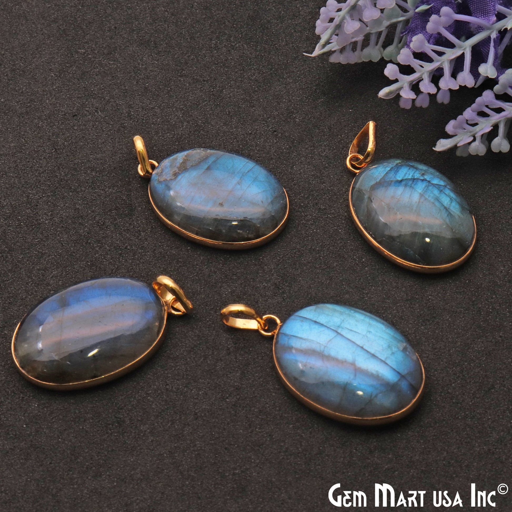 Flashy Labradorite Cabochon 30x19mm Oval Gemstone Connector Pendant - GemMartUSA