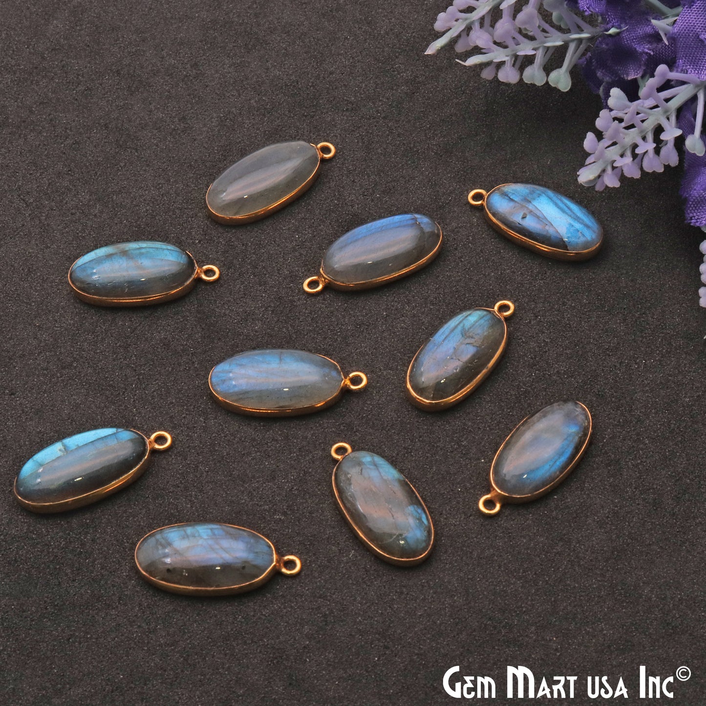 Flashy Labradorite 18x9mm Cabochon Oval Gemstone Connector - GemMartUSA