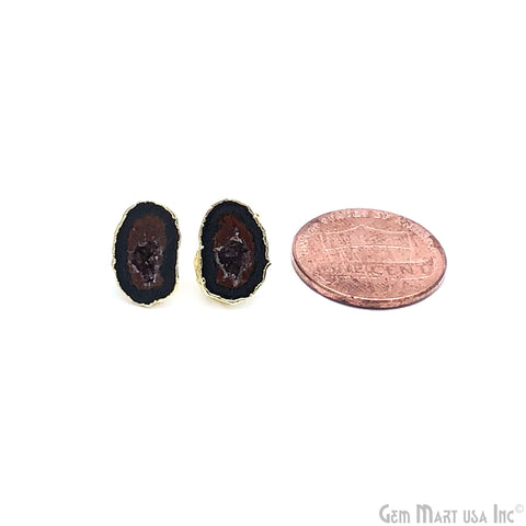 Black Agate Geode Druzy 12x6mm Gold Electroplated Studs Earrings