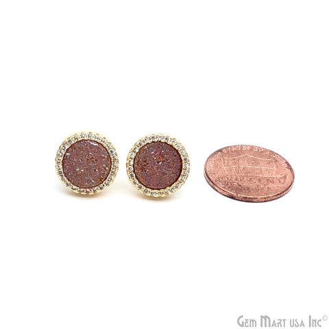 Pink Druzy With CZ Pave Round 13mm Gold Plated Stud Earrings