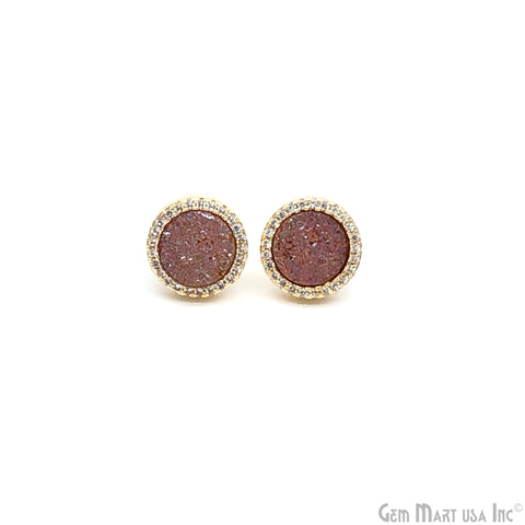 Pink Druzy With CZ Pave Round 13mm Gold Plated Stud Earrings