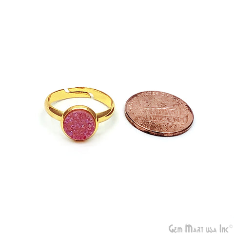 Pink Druzy Round Gold Plated Adjustable Ring Size-7
