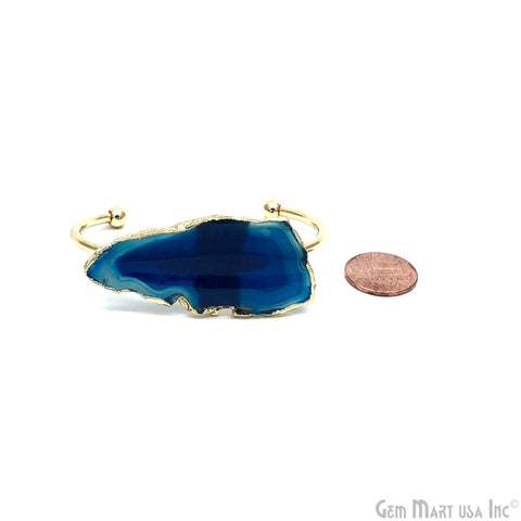 Blue Agate Slice Adjustable Gold Plated Stacking Bangle Slab Bracelet