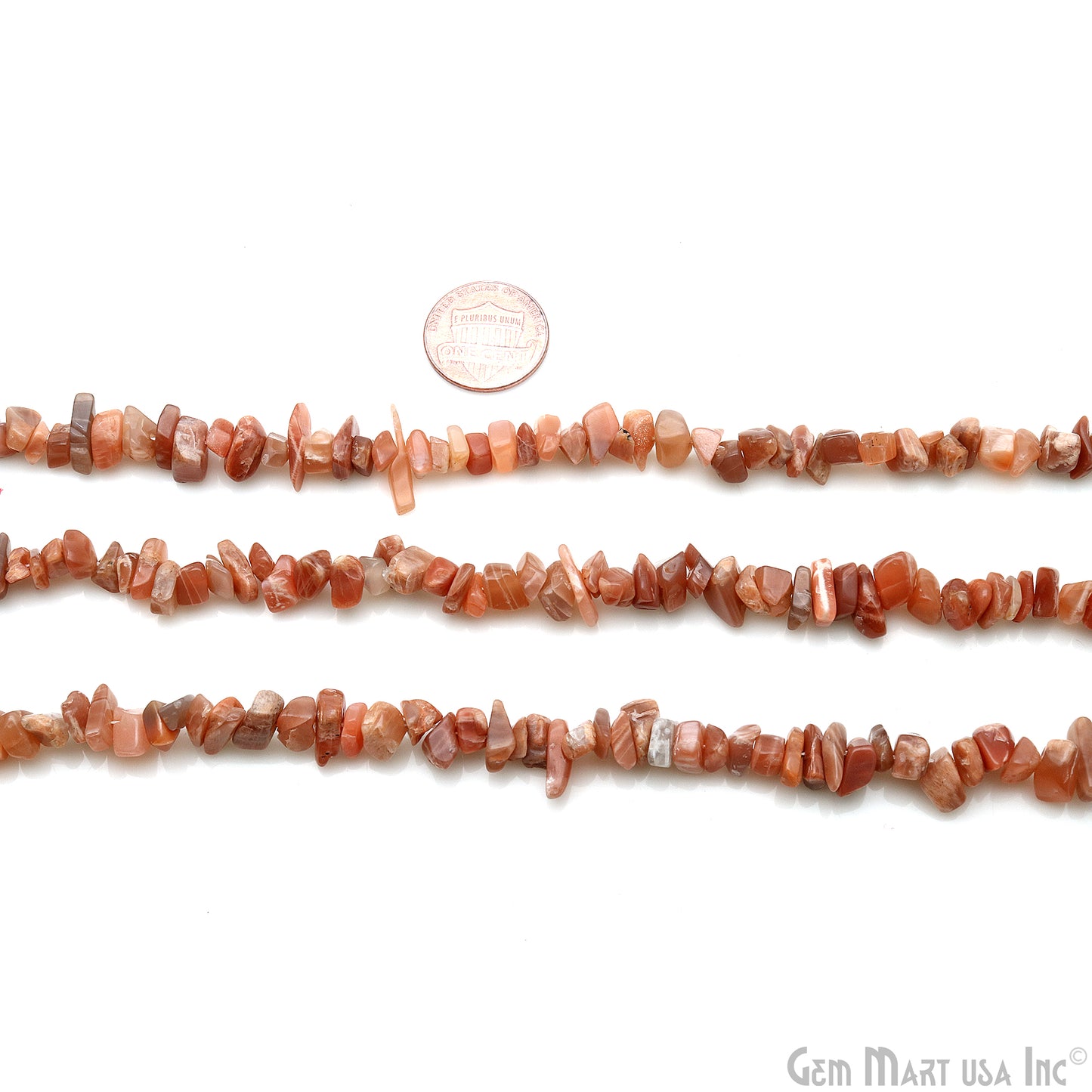 Peach Moonstone Chip Beads, 34 Inch, Natural Chip Strands, Drilled Strung Nugget Beads, 7-10mm, Polished, GemMartUSA (CHMO-70004)