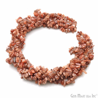 Peach Moonstone Chip Beads, 34 Inch, Natural Chip Strands, Drilled Strung Nugget Beads, 7-10mm, Polished, GemMartUSA (CHMO-70004)