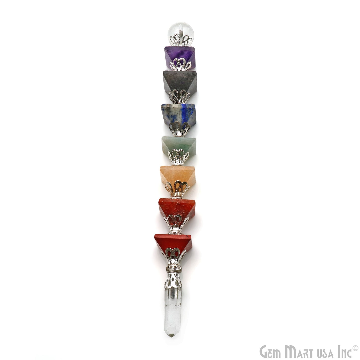 7 Chakra Pyramid Stones Wand 18mm Gemstone Pyramids, 7" Healing Wand With 16mm Crystal Ball