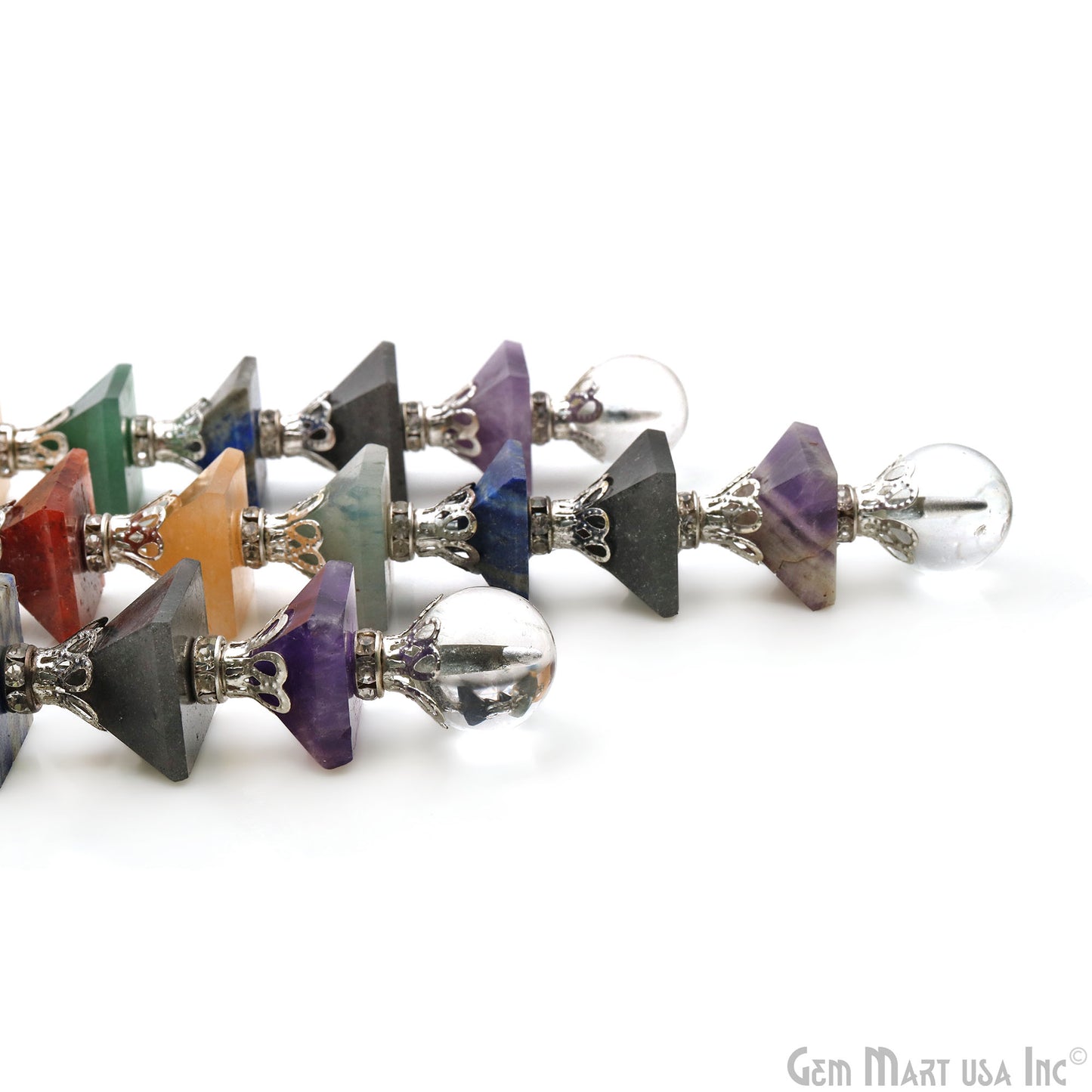 7 Chakra Pyramid Stones Wand 18mm Gemstone Pyramids, 7" Healing Wand With 16mm Crystal Ball