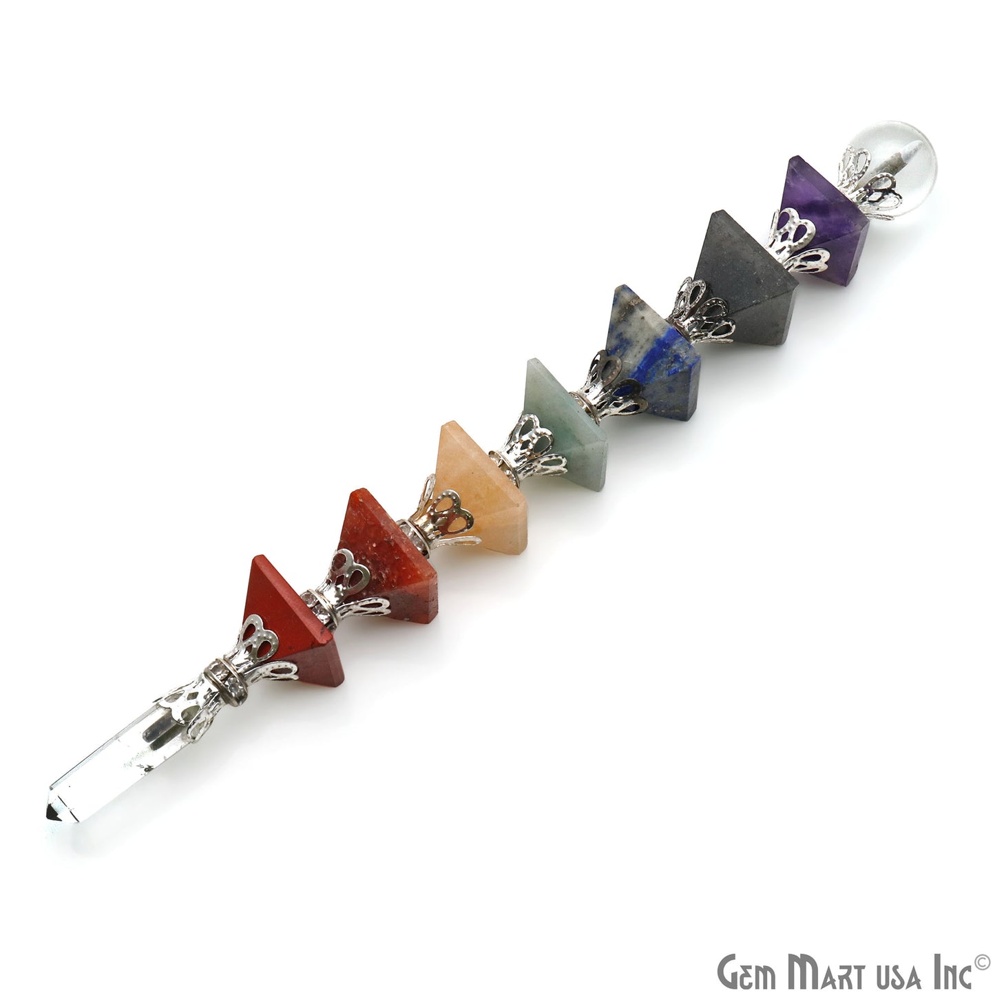 7 Chakra Pyramid Stones Wand 18mm Gemstone Pyramids, 7" Healing Wand With 16mm Crystal Ball