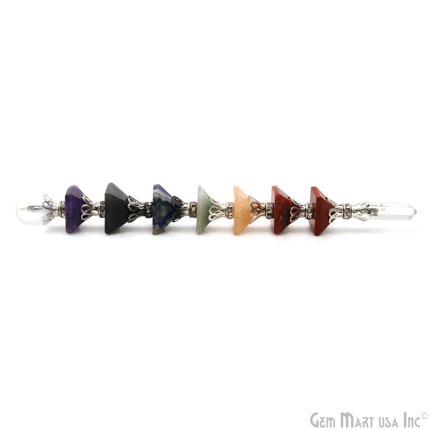 7 Chakra Pyramid Stones Wand 18mm Gemstone Pyramids, 7" Healing Wand With 16mm Crystal Ball