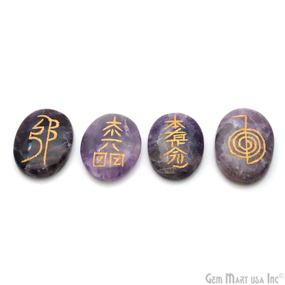 Reiki Symbol Engraved Gemstones, 39x28mm Oval Healing Gemstones, Set Of 4 Reiki Palm Stones