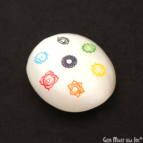 White Selenite Oval 60x47mm Engraved 7 Chakra Of Life Symbols Healing Meditation Gemstones