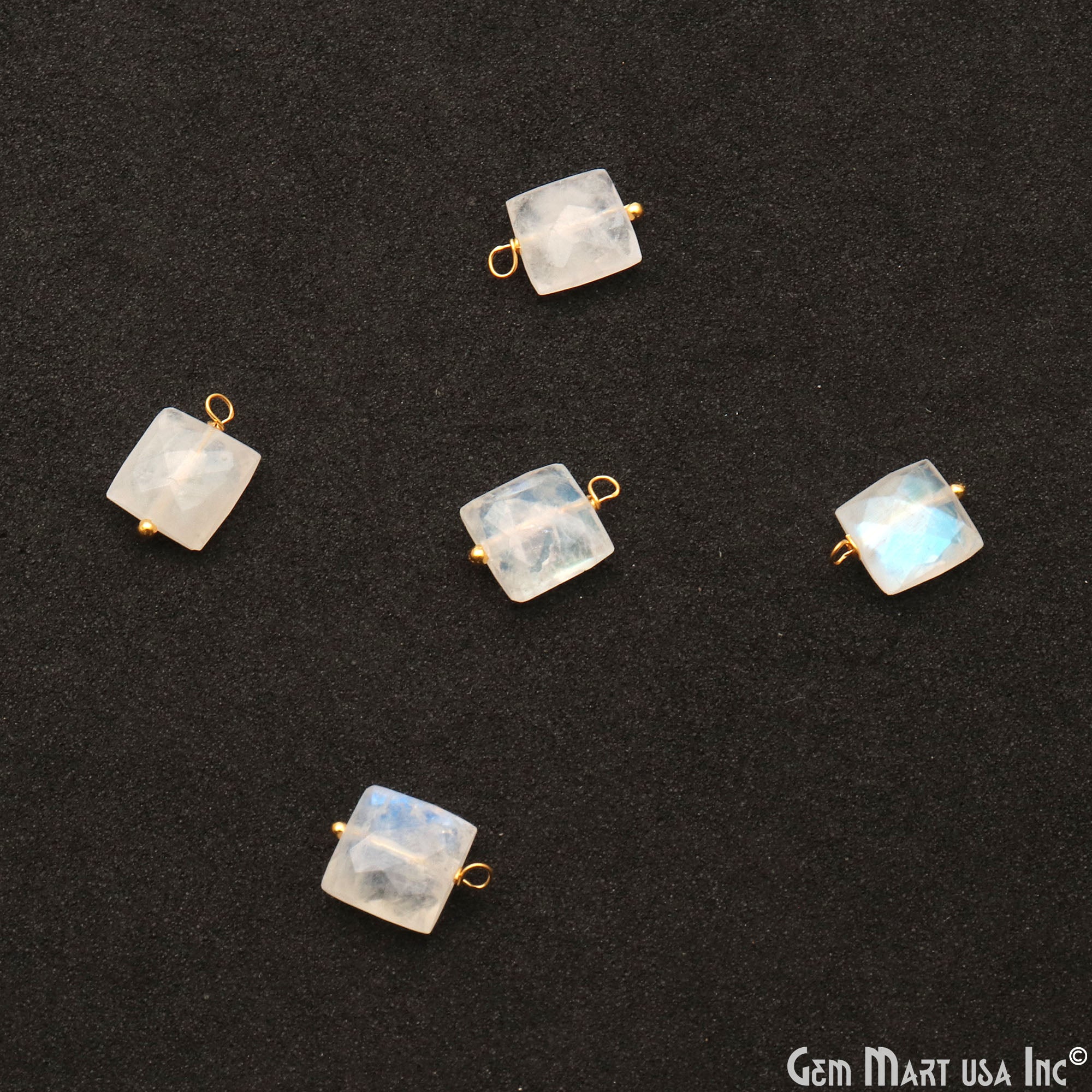 Rainbow Moonstone Square 8mm Gold Wire Wrapped Single Bail Gemstone Bead Connector