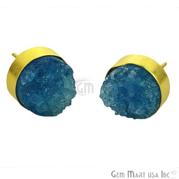 Handmade Rough Studs Druzy Bezel Setting Oval 15mm Gold Plated Stud Earring (90003-1) - GemMartUSA