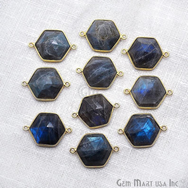 Hexagon 17x25mm Double Bail Gold Bezel Gemstone Connector