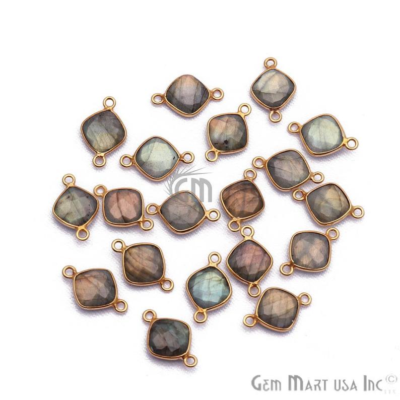 Flashy Labradorite 8mm Cushion Gold Plated Double Bail Connector - GemMartUSA