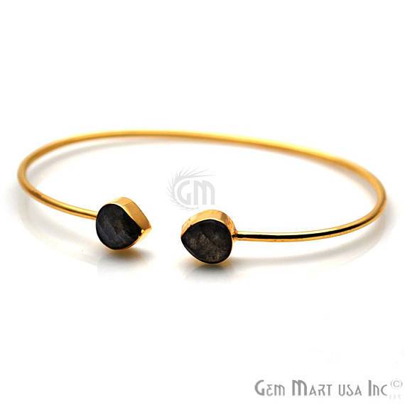 Labradorite 8mm Heart Shape Gold Plated Handmade Adjustable Bangle Bracelet - GemMartUSA