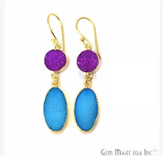 Double Druzy 52x10mm Gold Plated Dangle Hook Earrings (Pick your Gemstone) (90138-1) - GemMartUSA