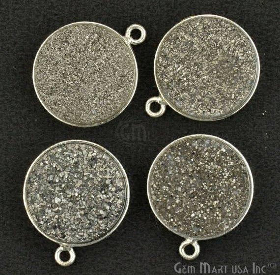 Natural Titanium Druzy 16mm Round Single Bail Silver Gemstone Connector