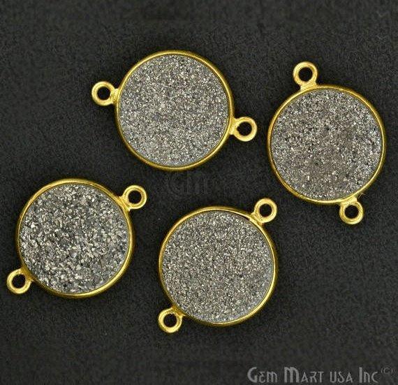 Natural Titanium Druzy 16mm Round Double Bail Gold Gemstone Connector