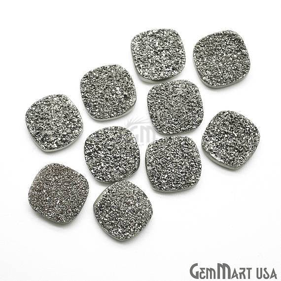 Platinum Druzy, Druzy Cabochon, 14mm Cushion Shaped Druzy, Cabochon, Loose Druzy Stone (MZ-80003) - GemMartUSA