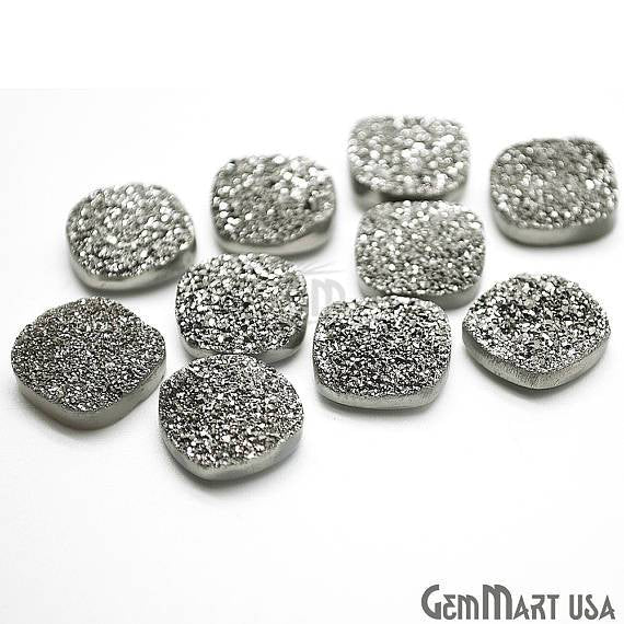 Platinum Druzy, Druzy Cabochon, 14mm Cushion Shaped Druzy, Cabochon, Loose Druzy Stone (MZ-80003) - GemMartUSA