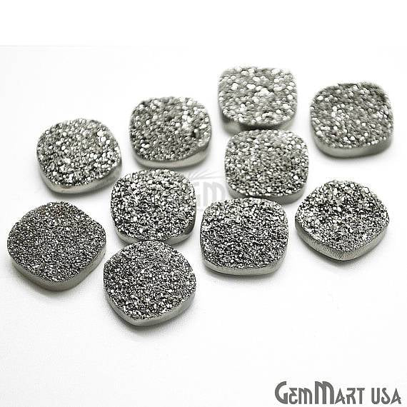 Platinum Druzy, Druzy Cabochon, 14mm Cushion Shaped Druzy, Cabochon, Loose Druzy Stone (MZ-80003) - GemMartUSA