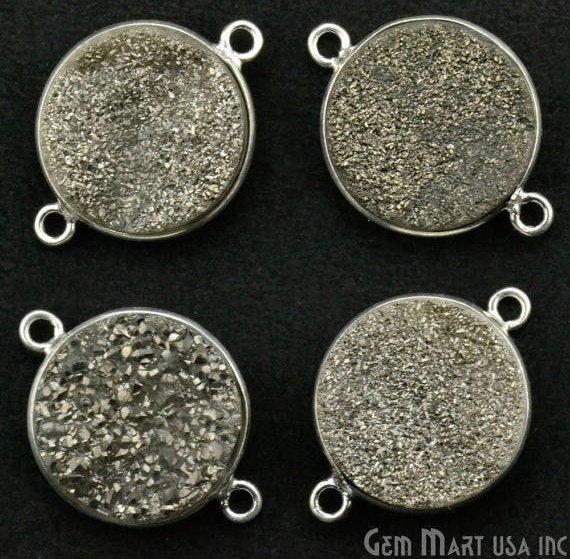 Natural Titanium Druzy 14mm Round Silver Double Bail Gemstone Connector