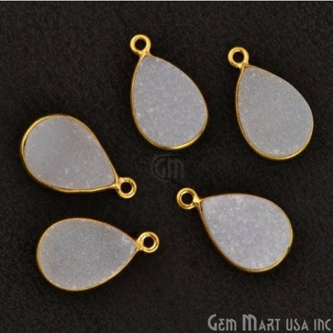 White Color Druzy Pears 10x14mm Single Bail Gold Bezel Gemstone Connector